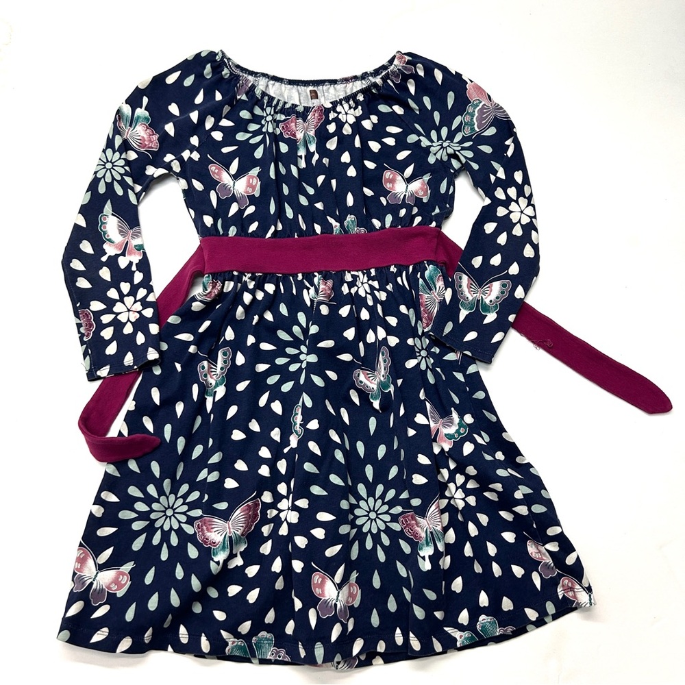 Tea Collection Butterfly Print Floral Navy Kids Dress with Maroon Accents